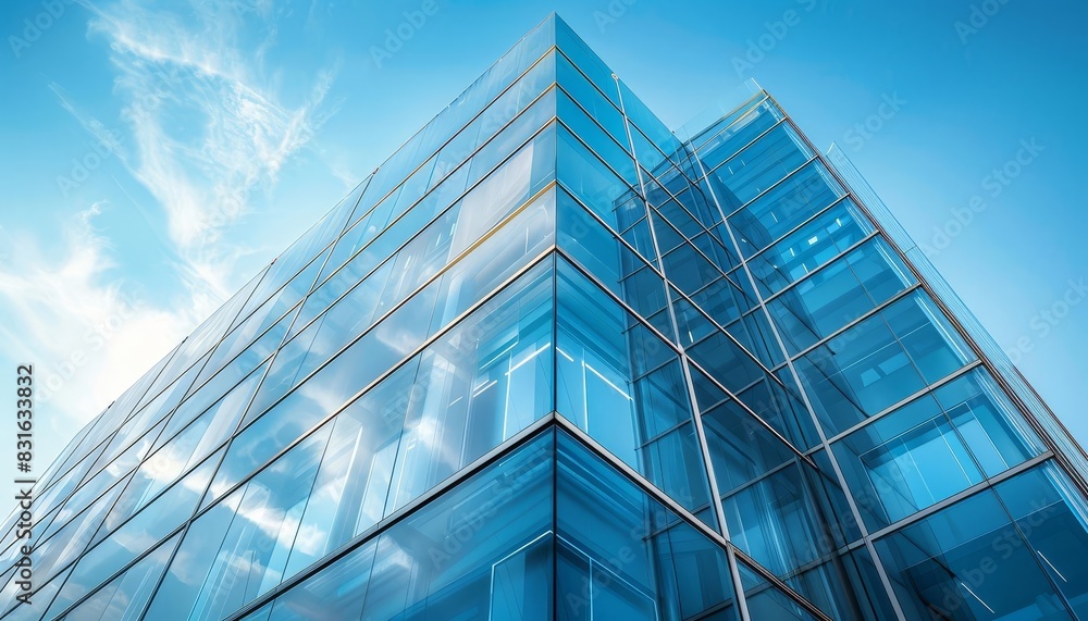 Modern glass architecture building with sleek, reflective surfaces, and innovative design, set against a clear blue sky Modern glass architecture building with sleek, reflective surfaces, and innovative design, set against a clear blue sky