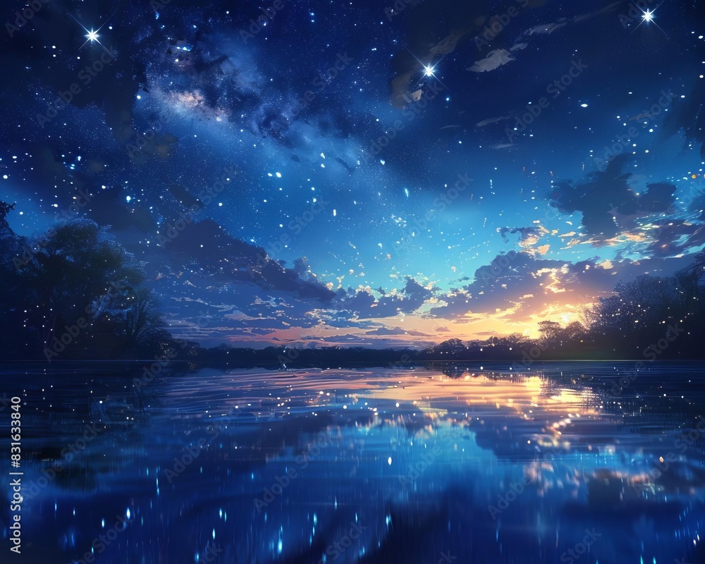 Night sky over a tranquil lake, reflecting the bright constellations and the shimmering glow of distant galaxies