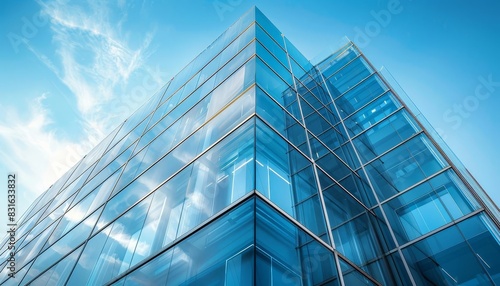 Modern glass architecture building with sleek, reflective surfaces, and innovative design, set against a clear blue sky