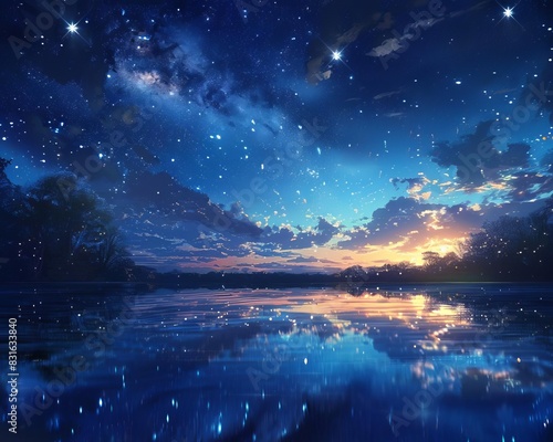 Night sky over a tranquil lake, reflecting the bright constellations and the shimmering glow of distant galaxies © Nawarit