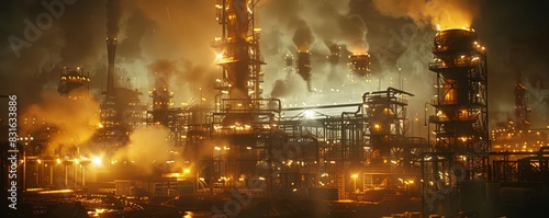 Nighttime industrial scene illuminated by artificial lights  highlighting steel structures  heavy machinery  and billowing steam