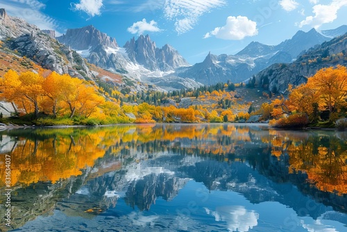 Perfect mirrorlike reflection of towering mountains in a tranquil alpine lake, with colorful autumn foliage framing the scene photo