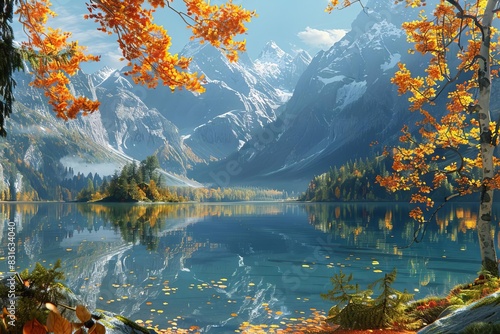 Perfect mirrorlike reflection of towering mountains in a tranquil alpine lake, with colorful autumn foliage framing the scene photo