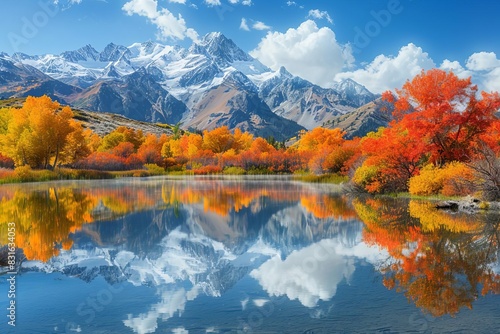 Perfect mirrorlike reflection of towering mountains in a tranquil alpine lake, with colorful autumn foliage framing the scene