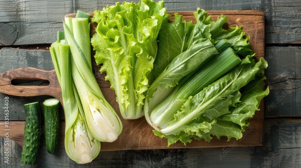 Fresh lettuce and leeks displayed on a cutting board from above set against a wooden backdrop Fresh veggies for making salads include cucumber lettuce and leeks Fresh lettuce and leeks displayed on a cutting board from above set against a wooden backdrop Fresh veggies for making salads include cucumber lettuce and leeks