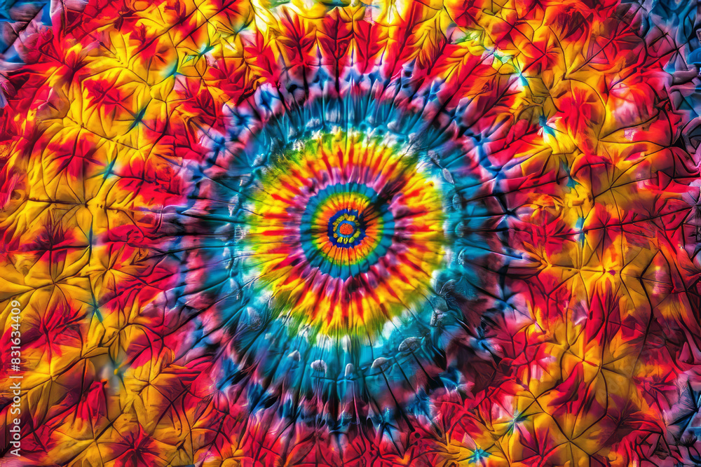Close-up of tie-dye fabric with a central spiral design in vivid colors Close-up of tie-dye fabric with a central spiral design in vivid colors