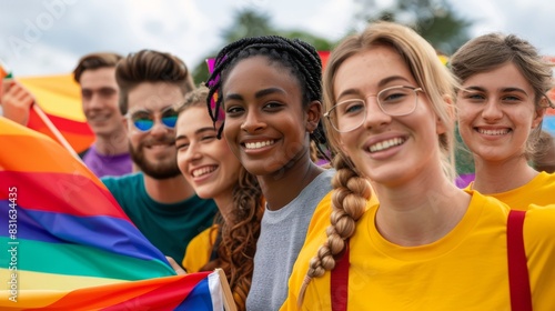 Diverse group of friends smiling and holding rainbow flag outdoors during pride celebration, supporting LGBTQ+ community and equality. © kitidach