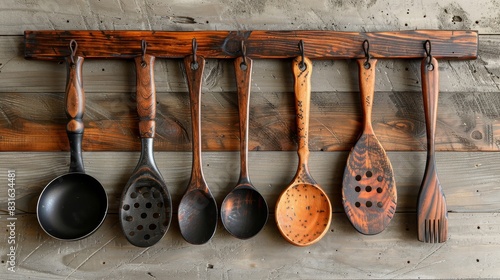a collection of wooden spoons and spoon hooks hanging on a wall photo