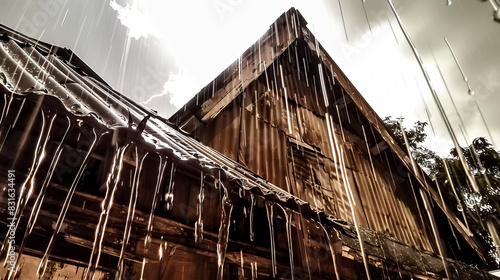 Backlit photo of a house in heavy rain with streaks of water, high contrast and dramati photo