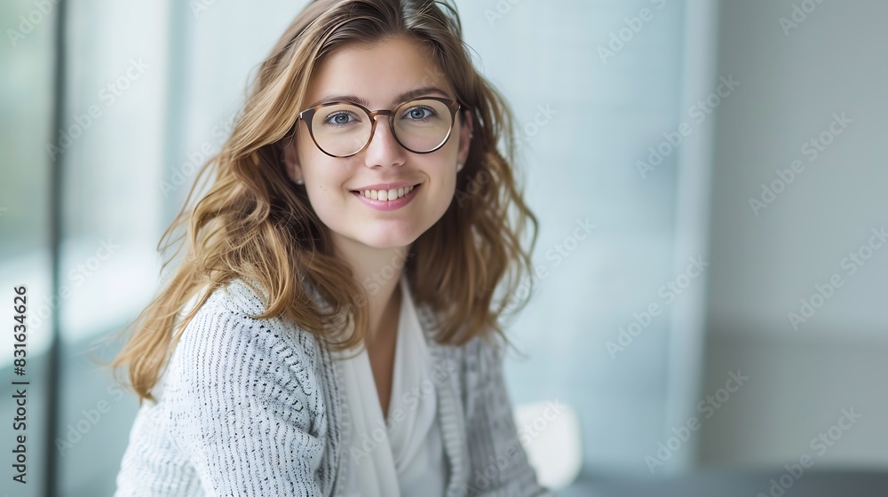 Portrait of smiling pretty young business woman in glasses sitting on workplace : Generative AI Portrait of smiling pretty young business woman in glasses sitting on workplace : Generative AI
