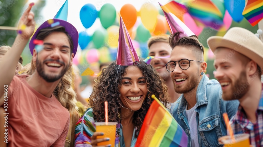 Diverse group of friends celebrating at an outdoor party with colorful flags and balloons, enjoying drinks and wearing festive hats. Diverse group of friends celebrating at an outdoor party with colorful flags and balloons, enjoying drinks and wearing festive hats.