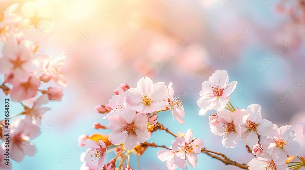 Beautiful cherry blossoms in full bloom against a soft sky background, bathed in warm sunlight. Perfect for spring-themed projects.