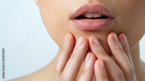 Close-up of a woman s lips and hands  showcasing natural beauty with delicate  well-manicured fingers and smooth skin.