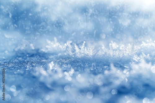 Close-up of delicate snowflakes on a wintery surface, creating a beautiful and serene icy landscape in soft blue tones.