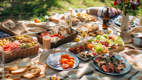 A beautifully arranged summer picnic with a variety of fresh foods and beverages on a blanket. Ideal for outdoor gatherings and social events.