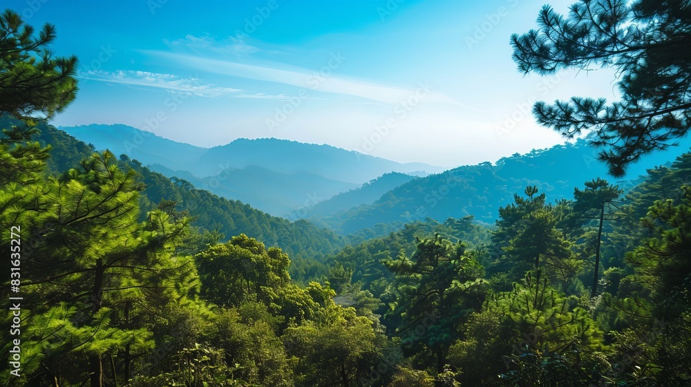Scenic view of lush green mountains with a clear blue sky, perfect nature landscape ideal for backgrounds and wallpapers. Scenic view of lush green mountains with a clear blue sky, perfect nature landscape ideal for backgrounds and wallpapers.
