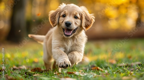 a puppy running in the grass in the fall