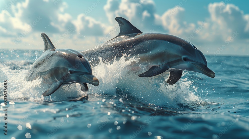 Fototapeta premium two dolphins in the ocean with their heads out of the water