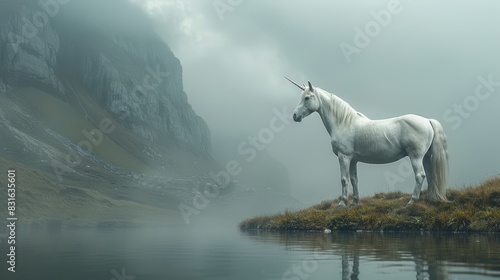 a white horse standing on a grassy island next to a body of water photo