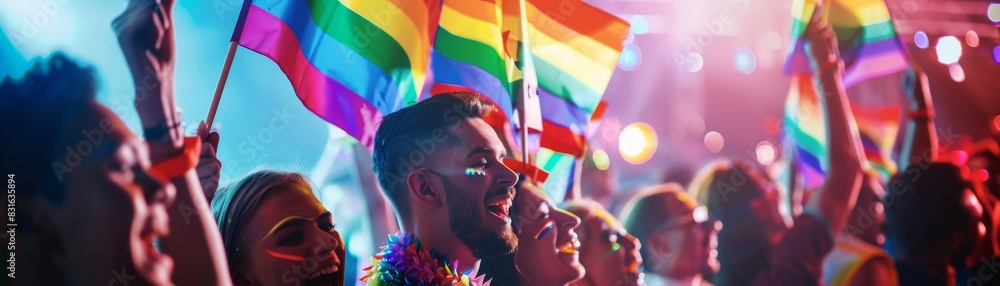 Fototapeta premium Colorful and vibrant LGBTQ+ pride parade with people joyfully waving rainbow flags and celebrating unity and diversity.