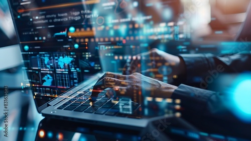 Data science digital technology concept Computer science engineer programming on laptop at office data exchange system control and data management with Ai Business and Artificial intel : Generative AI