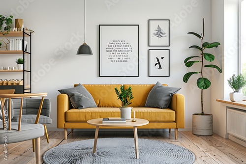 Frame mockup with a modern typography quote, inspiring positivity in a lively living room. photo