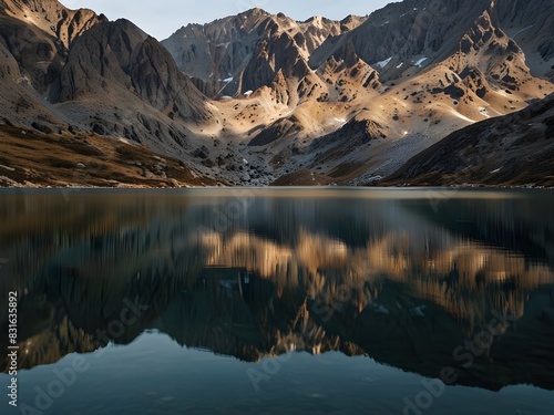 Mountain with a high-altitude lake, still and reflective, mirror-like surface, serene and tranquil, generative AI