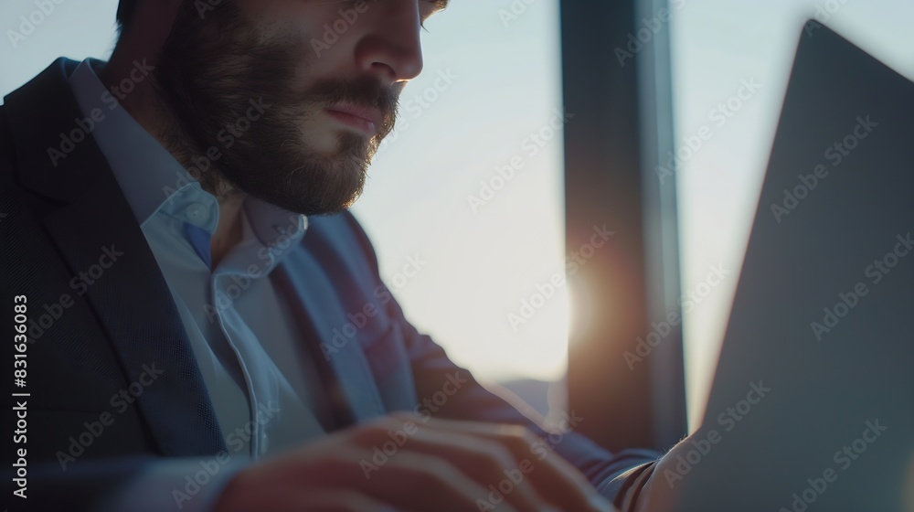 Pleasant positive business man using laptop : Generative AI Pleasant positive business man using laptop : Generative AI