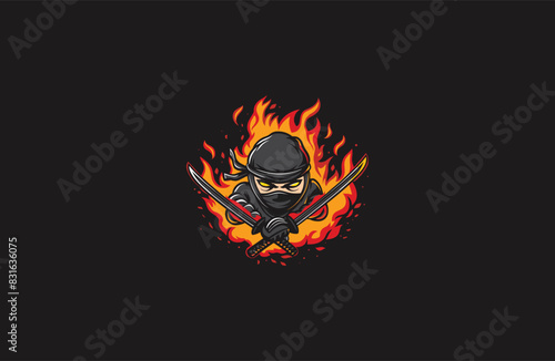 Ninja head with flames onfire design vector illustration