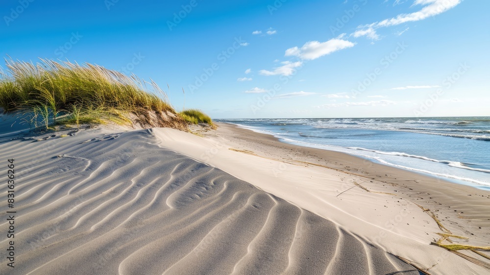 Serene coastal scene with sand dunes, beach, and clear sky