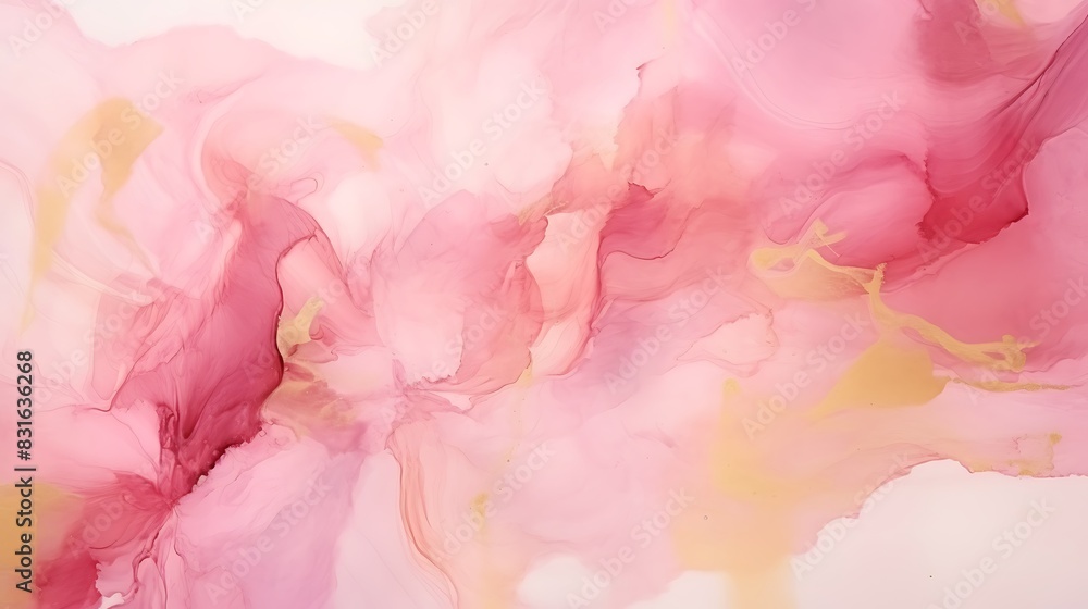 Alcohol ink pink abstract background. Floral style watercolor texture. Pink and gold paint stains