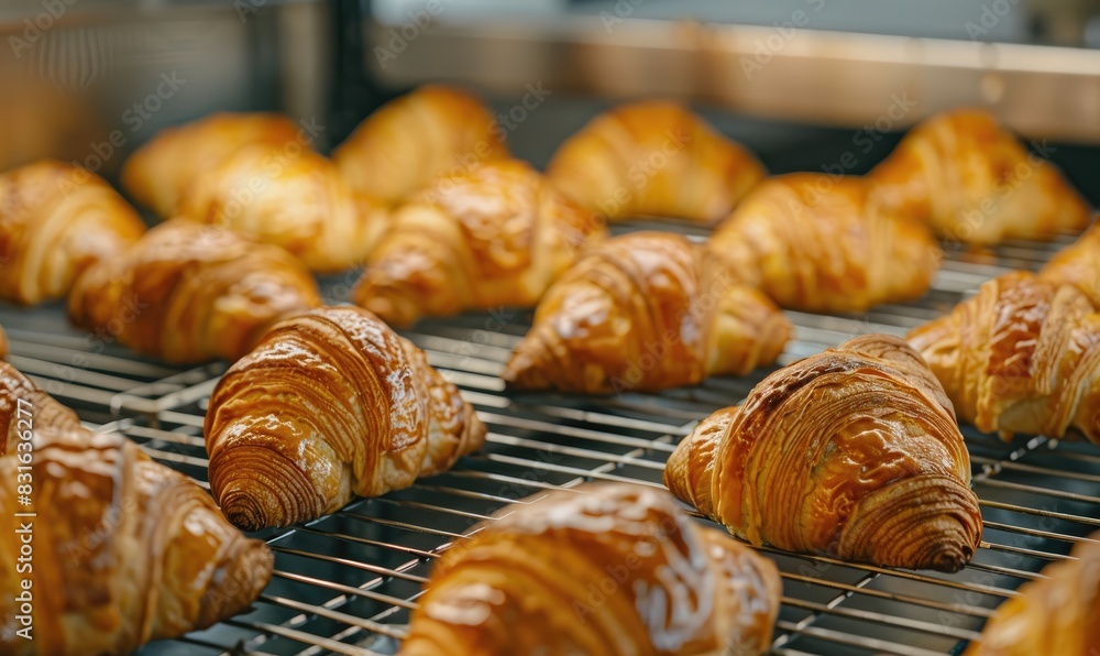 Fototapeta premium Golden brown freshly baked croissants on a cooling rack