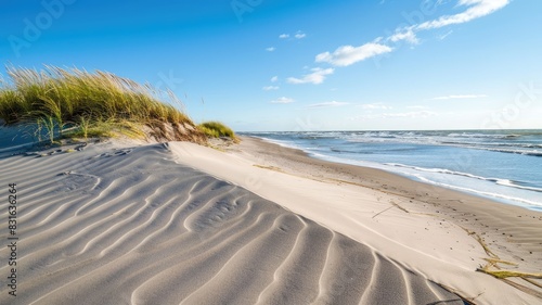 Serene coastal scene with sand dunes, beach, and clear sky photo