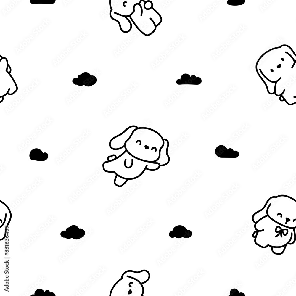 Obraz premium Cute kawaii little dog. Seamless pattern. Coloring Page. Pet cartoon character. Hand drawn style. Vector drawing. Design ornaments.