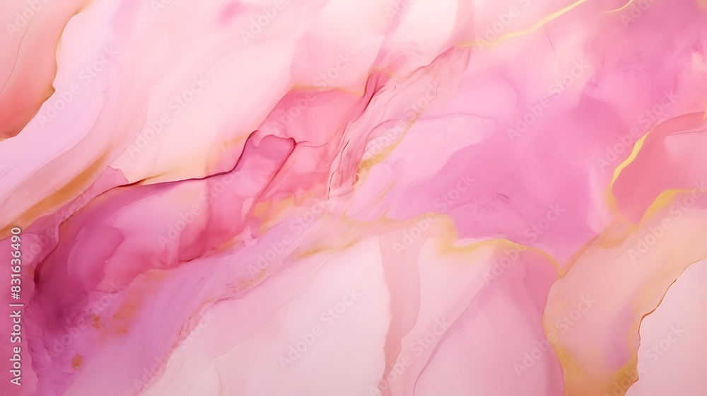 Obraz premium Alcohol ink pink abstract background. Floral style watercolor texture. Pink and gold paint stains