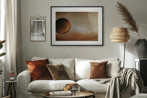 Frame mockup with a retro-futuristic art piece, infusing a touch of nostalgia into a modern living room.