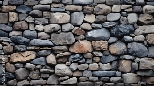 A close-up shot of a stone wall with various shapes and sizes of stones, showing the rough texture and natural color variations, captured by an HD camera for a realistic look.