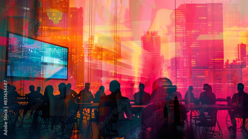 A vibrant and colorful abstract illustration of an office training room with silhouettes of people in business attire watching a presentation on large screens. A vibrant and colorful abstract illustration of an office training room with silhouettes of people in business attire watching a presentation on large screens.