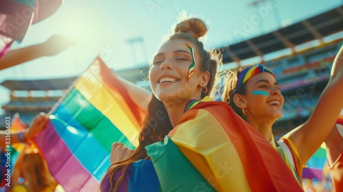 A vibrant group of people celebrating at a pride event with rainbow flags and paint on their faces, showcasing joy and unity at a public gathering.