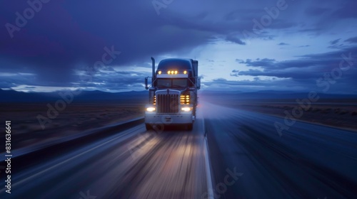 A lone American truck roaring down an open highway at dusk, its headlights cutting through the twilight, the surrounding landscape a blur of motion