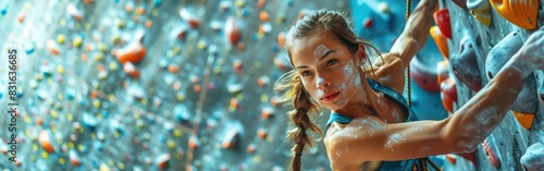 Adventurous Girl Climbing or Bouldering in a Gym or Hall for Sport Background photo