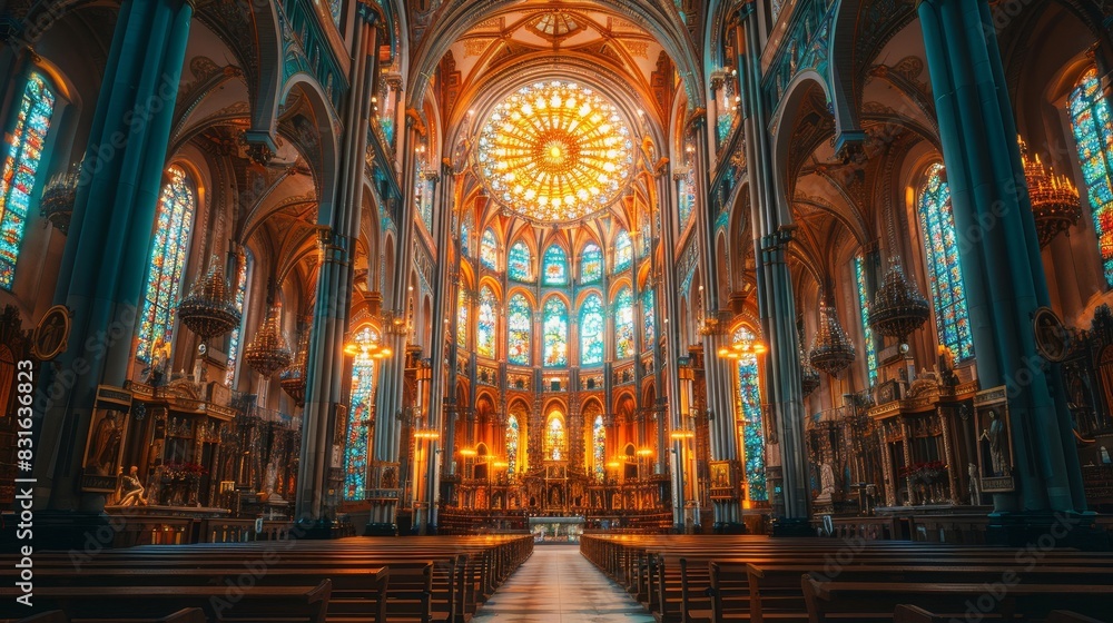 a large cathedral with a stained glass window and pews