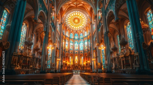 a large cathedral with a stained glass window and pews