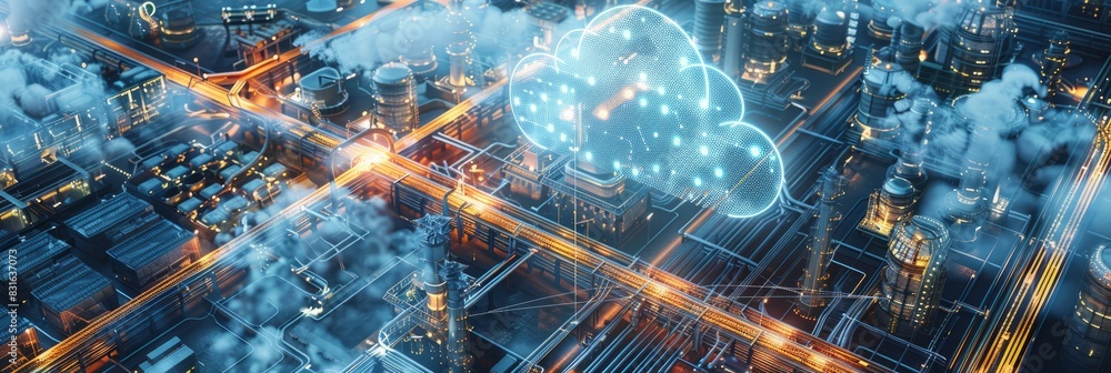 Modern industrial area aerial view and cloud computing concept. Communication network. Industry 4.0. Factory automation. Modern industrial area aerial view and cloud computing concept. Communication network. Industry 4.0. Factory automation.
