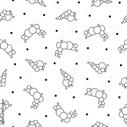 Soap foam set with bubbles. Seamless pattern. Coloring Page. Suds of bath, shampoo, shaving, mousse. Cloudy frame and corner. Hand drawn style. Vector drawing. Design ornaments.