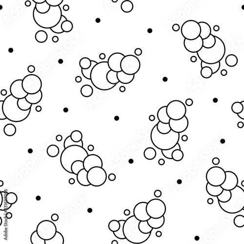 Soap foam set with bubbles. Seamless pattern. Coloring Page. Suds of bath, shampoo, shaving, mousse. Cloudy frame and corner. Hand drawn style. Vector drawing. Design ornaments.