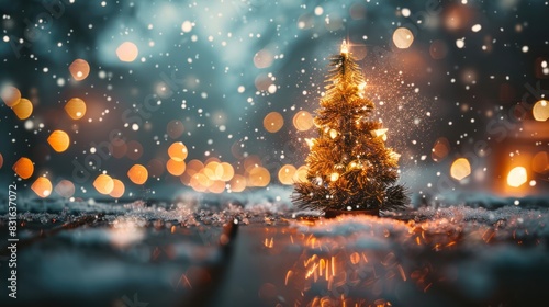 Rustic Christmas Tree Decor with Abstract Snow and Lights