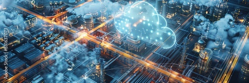 Modern industrial area aerial view and cloud computing concept. Communication network. Industry 4.0. Factory automation.