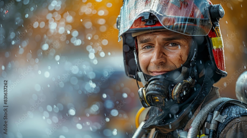 a fireman wearing a helmet and goggles in the rain a fireman wearing a helmet and goggles in the rain