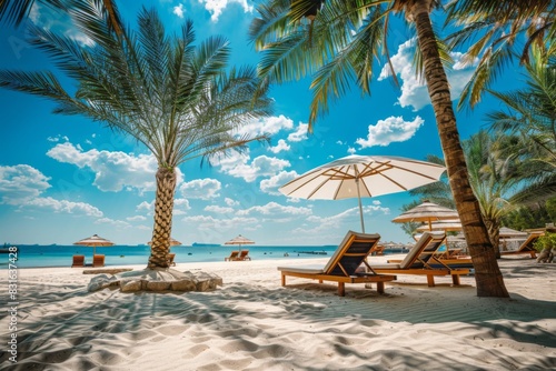 Beach with chairs  umbrellas  and stunning natural scenery